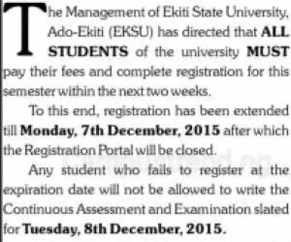 Important: EKSU Fee Payment and Registration Notice To All Students